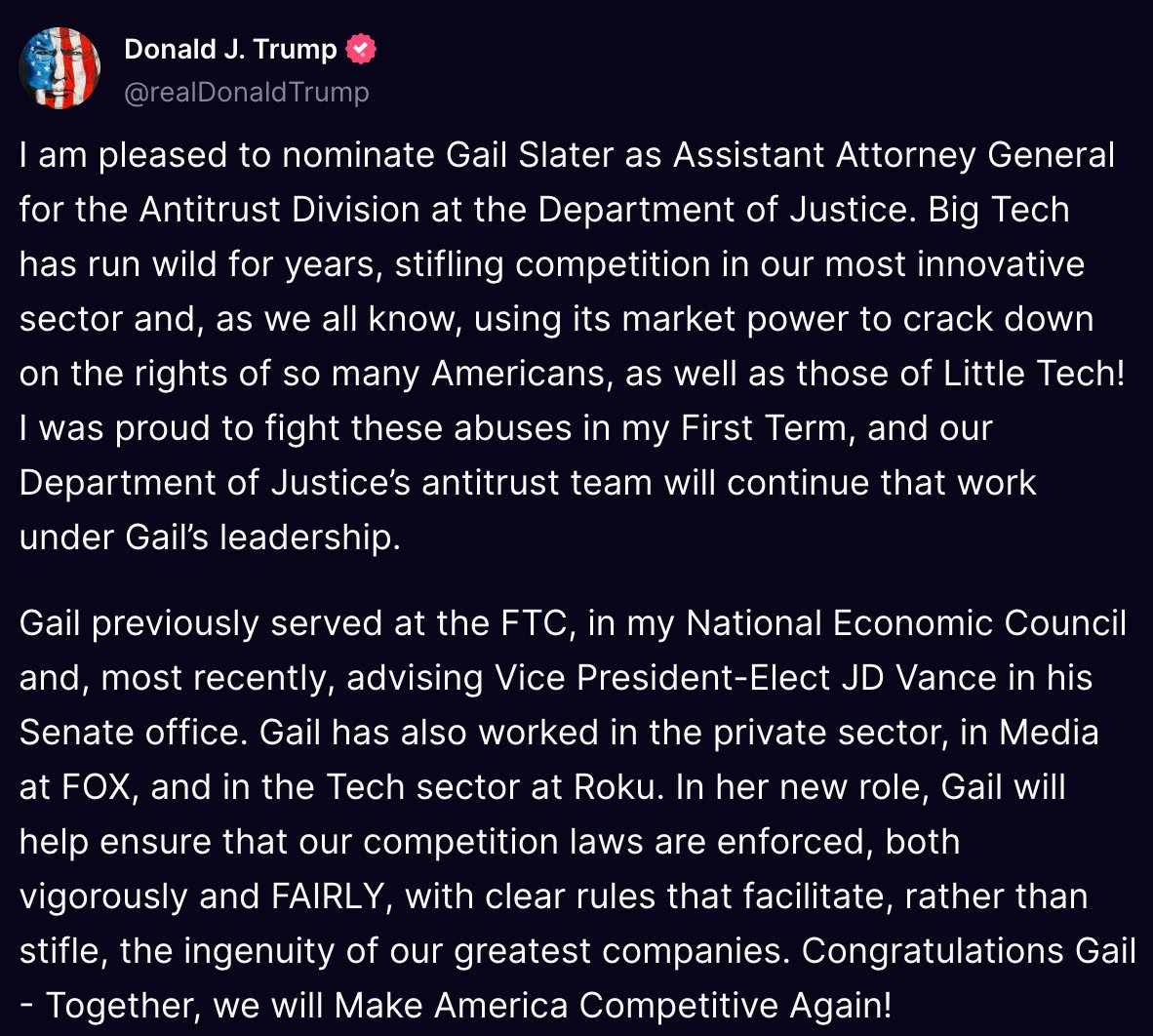 Screenshot of a social media post by Donald J. Trump, discussing the nomination of Gail Slater as Assistant Attorney General for the Antitrust Division at the Department of Justice, highlighting her past roles and experience.