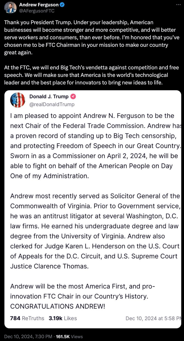 A tweet from Andrew Ferguson thanking President Trump for appointing him as FTC Chairman, emphasizing ambitions to tackle Big Tech and boost American innovation, alongside a tweet from Donald Trump announcing the appointment, highlighting Ferguson's qualifications and commitment to free speech.