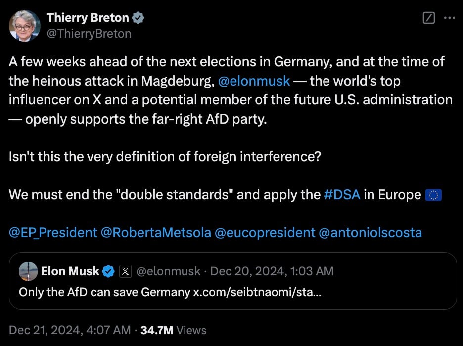 Tweet by Thierry Breton criticizing Elon Musk for allegedly supporting the AfD party in Germany and calling it foreign interference, suggesting the application of the #DSA in Europe.