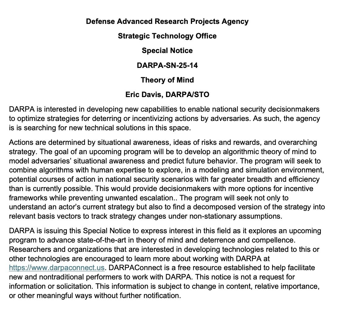 Special notice from DARPA's Strategic Technology Office titled "Theory of Mind" by Eric Davis, discussing development of capabilities to optimize national security decisions through an algorithmic theory of mind to predict adversaries' behavior.