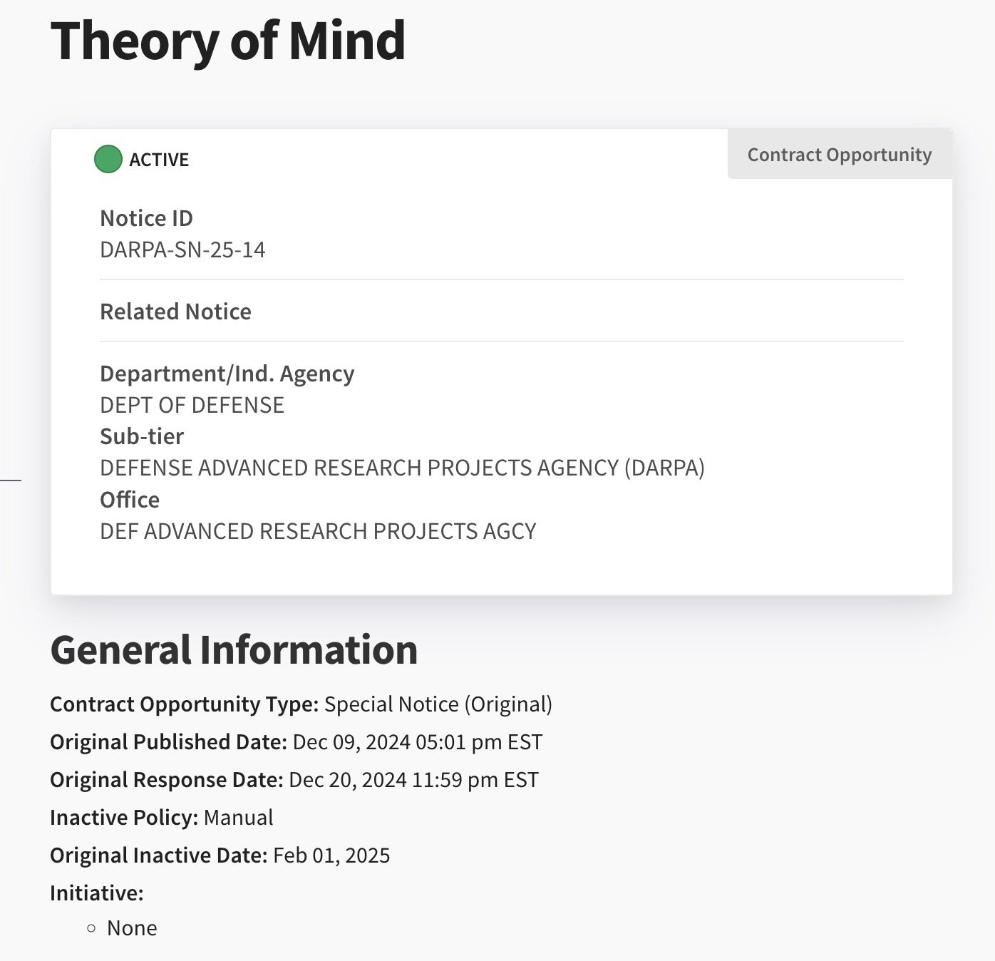 "Screenshot of a contract opportunity notice titled 'Theory of Mind' from DARPA, with details like Notice ID: DARPA-SN-25-14, and publication and response dates in December 2024."