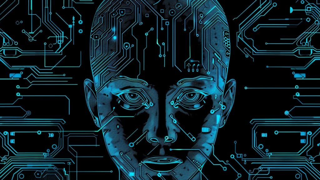 Stylized human face integrated with circuit board patterns, glowing in blue against a black background.