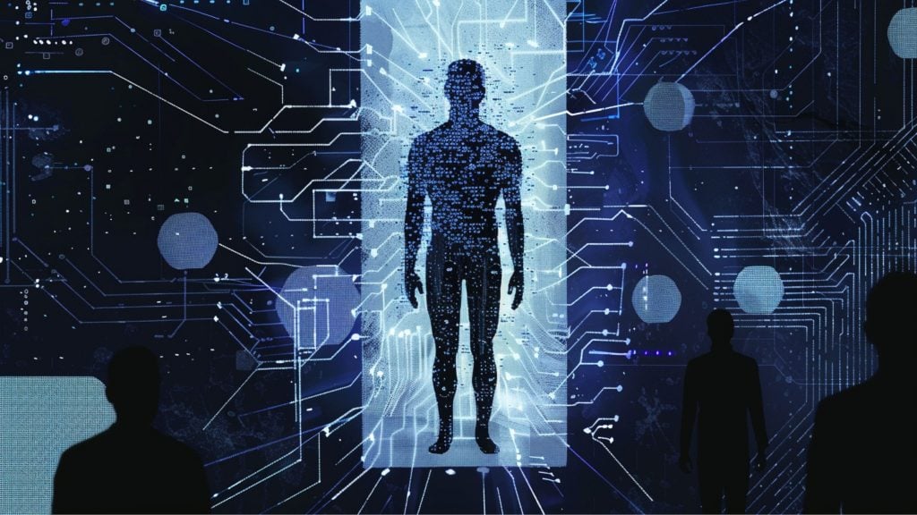 Silhouette of a human figure surrounded by digital circuitry and data patterns.