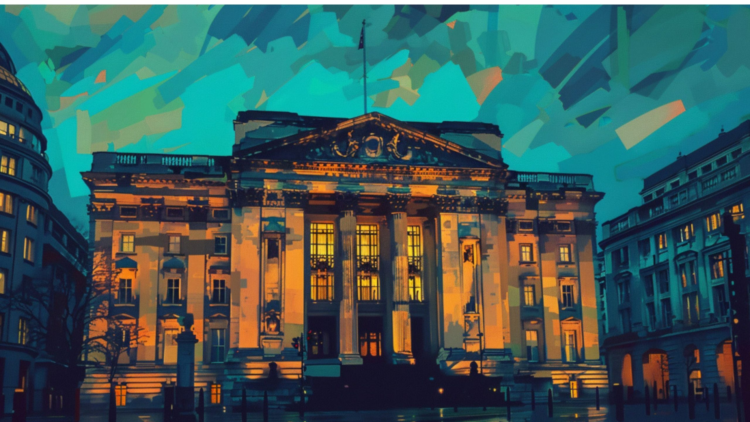 A digitally painted depiction of a neoclassical building at dusk, with illuminated windows and a richly colored sky in the background.