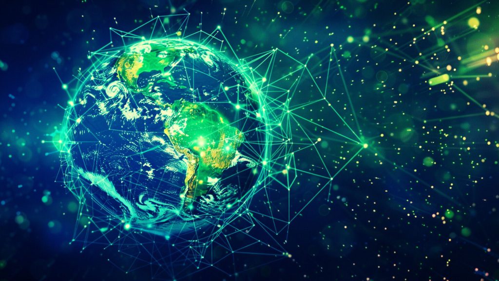 A digital illustration of Earth with a network of glowing green lines and dots representing connectivity.