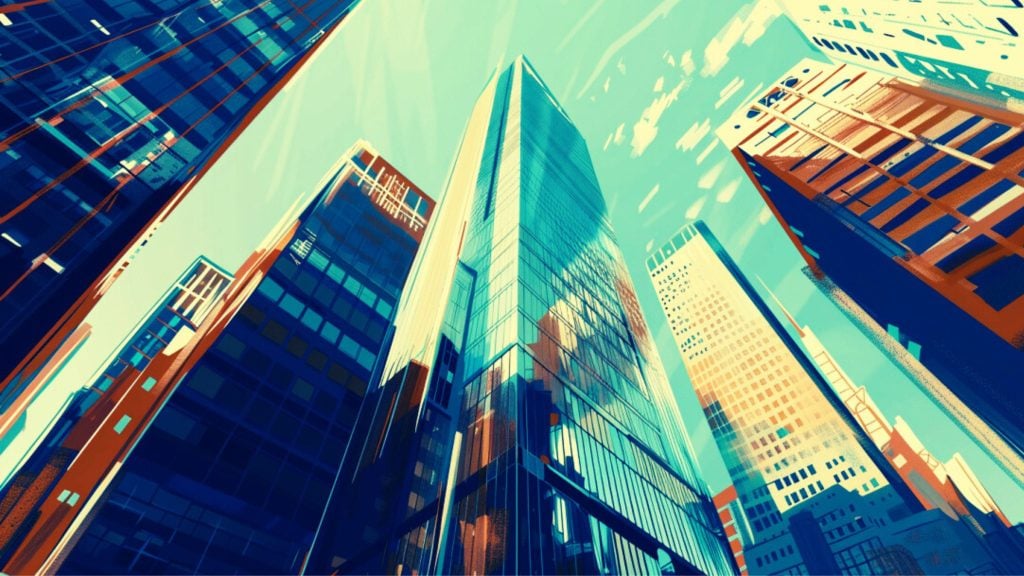 A stylized illustration of a cityscape with tall glass skyscrapers against a bright blue sky.