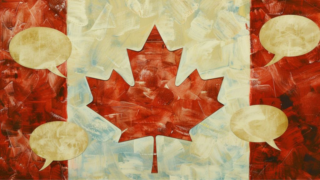 A painted Canadian flag with speech bubbles surrounding the maple leaf symbol.