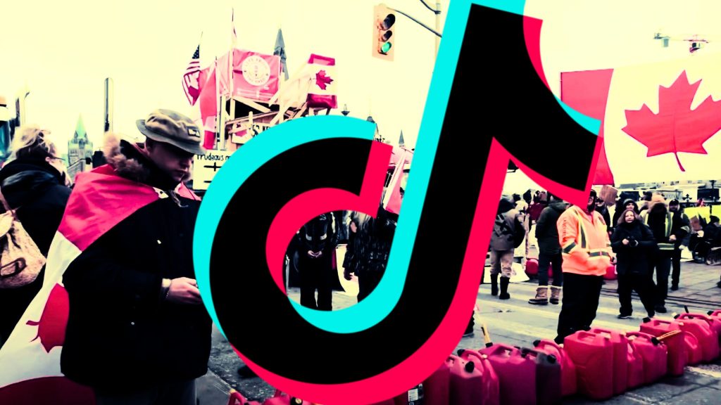 A large TikTok logo overlaid on a protest scene with Canadian flags and people gathered, some in winter clothing, near red gas canisters.