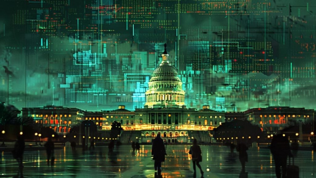 A digitally manipulated image of the US Capitol building with an abstract overlay of green and blue digital code-like patterns, reflecting a futuristic or cyber theme.