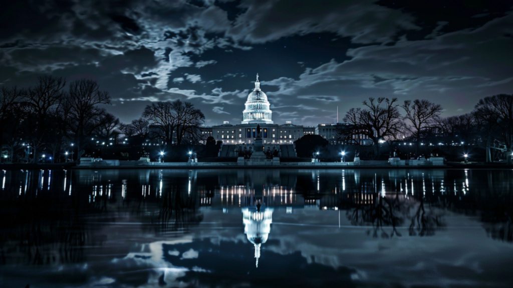 The US Capitol building at night, reflecting in a calm body of water with clouds above.