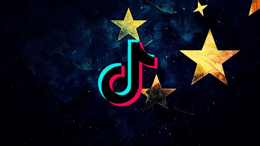 TikTok logo against a starry night background with golden stars.