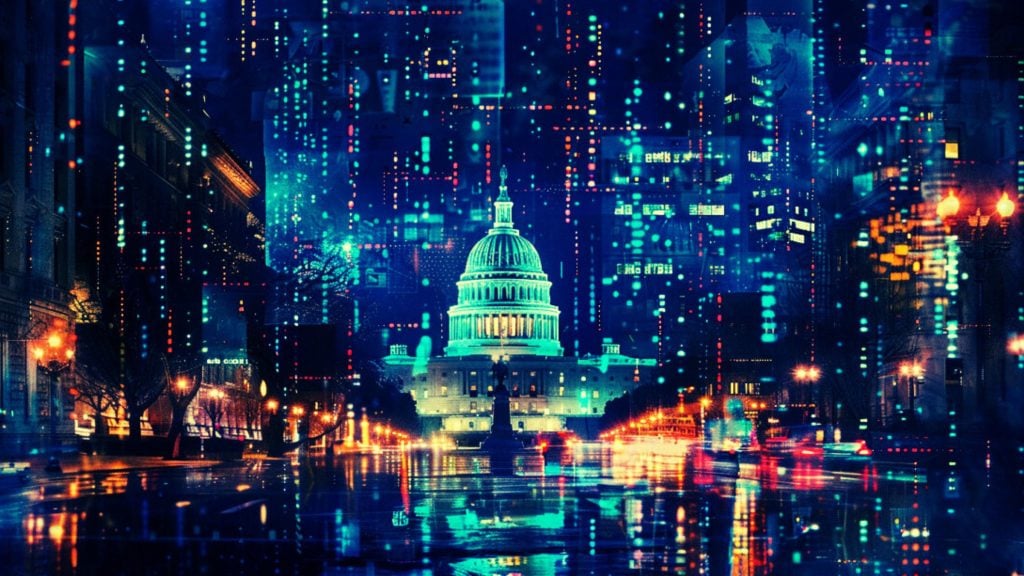 The United States Capitol building with a digital overlay of glowing data lines and city lights at night.