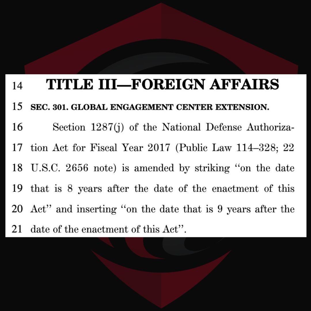 "Page showing text from the National Defense Authorization Act regarding the Global Engagement Center Extension, amending the enactment date from 8 to 9 years."