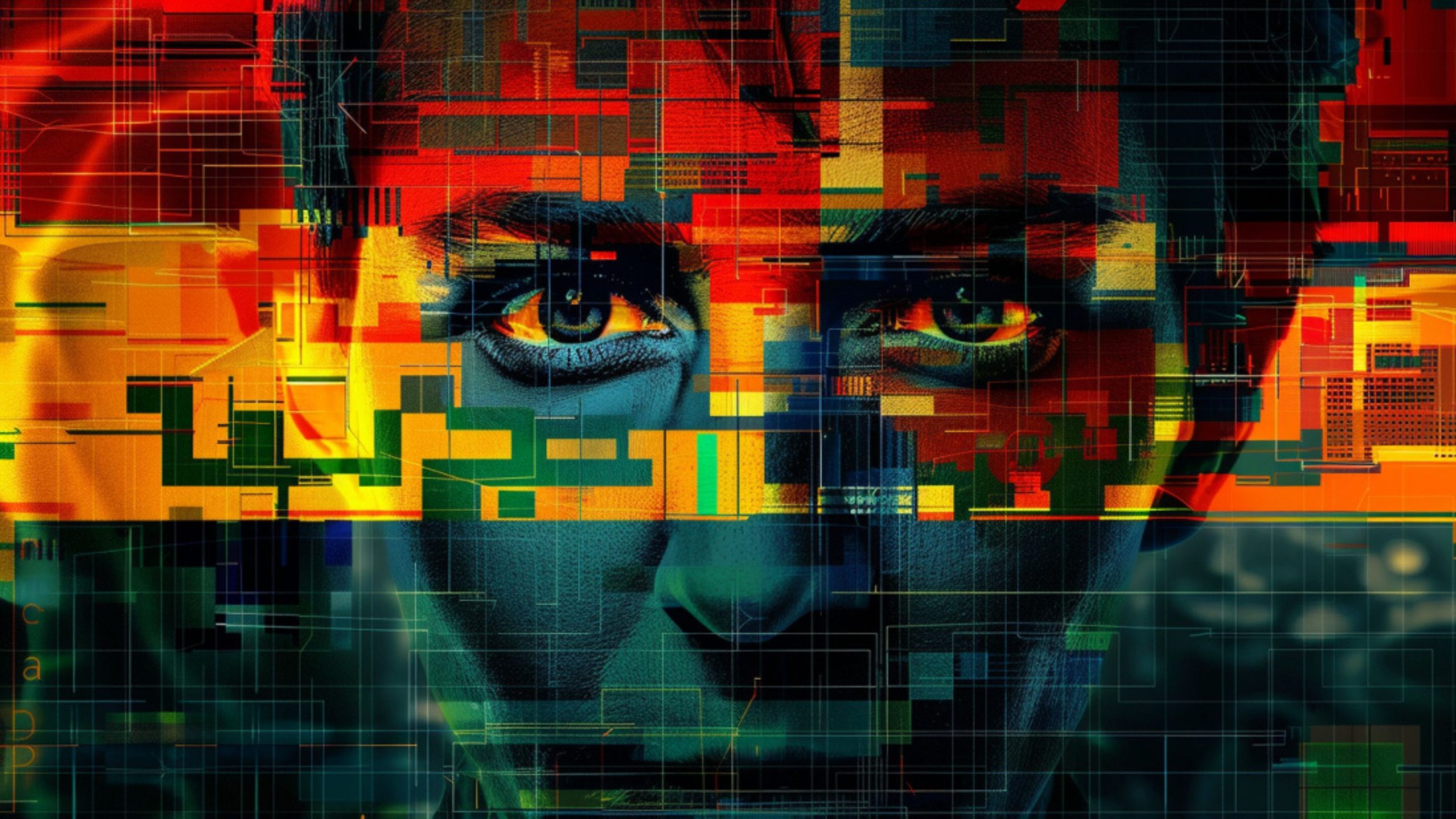 Abstract digital art of a face with geometric patterns and vibrant colors.