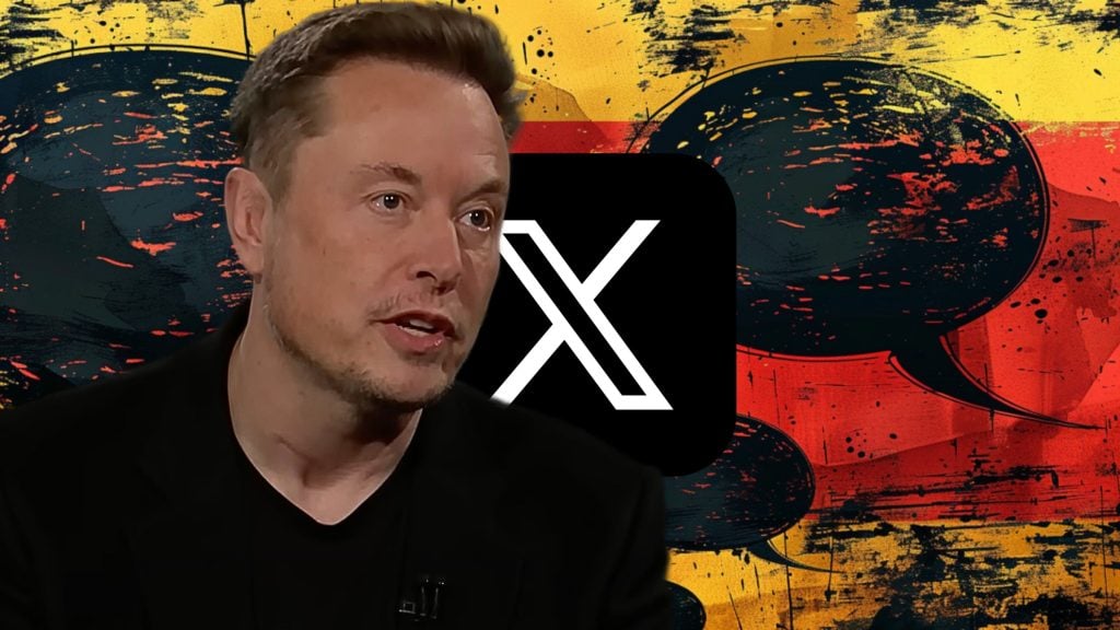 Elon Musk with with an abstract background featuring a speech bubble and an "X" symbol.