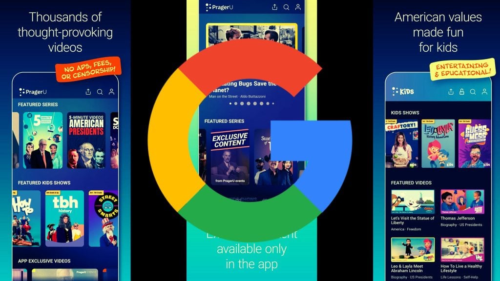 A collage of PragerU app screens showcasing thought-provoking videos for adults and entertaining educational content for kids, with a large Google logo in the center.