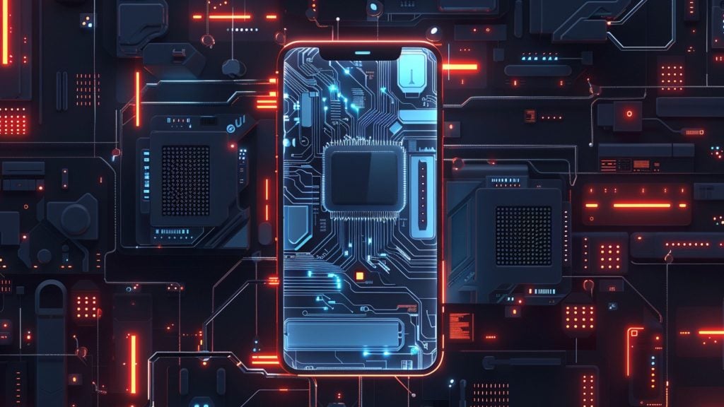 Futuristic smartphone surrounded by glowing circuit board and microchip designs.