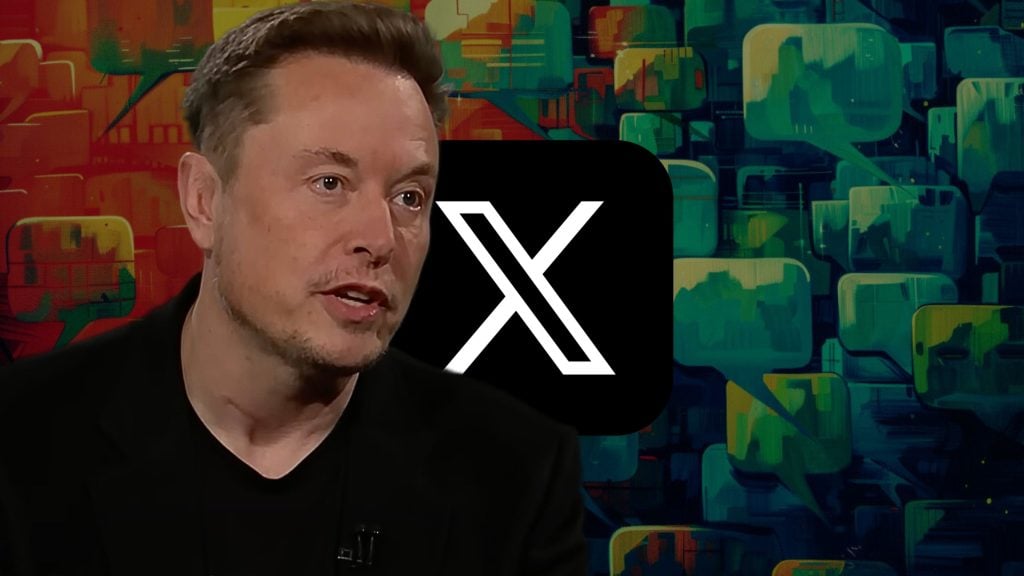 Elon Musk speaking with a digital background, featuring a large letter "X" logo and abstract speech bubbles.