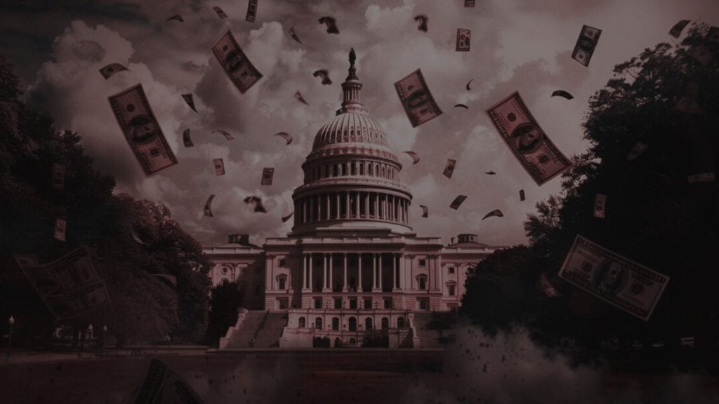 US Capitol building with dollar bills floating in the air against a cloudy sky.