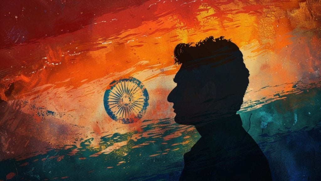 Silhouette of a person against a painted Indian flag background with vibrant colors.