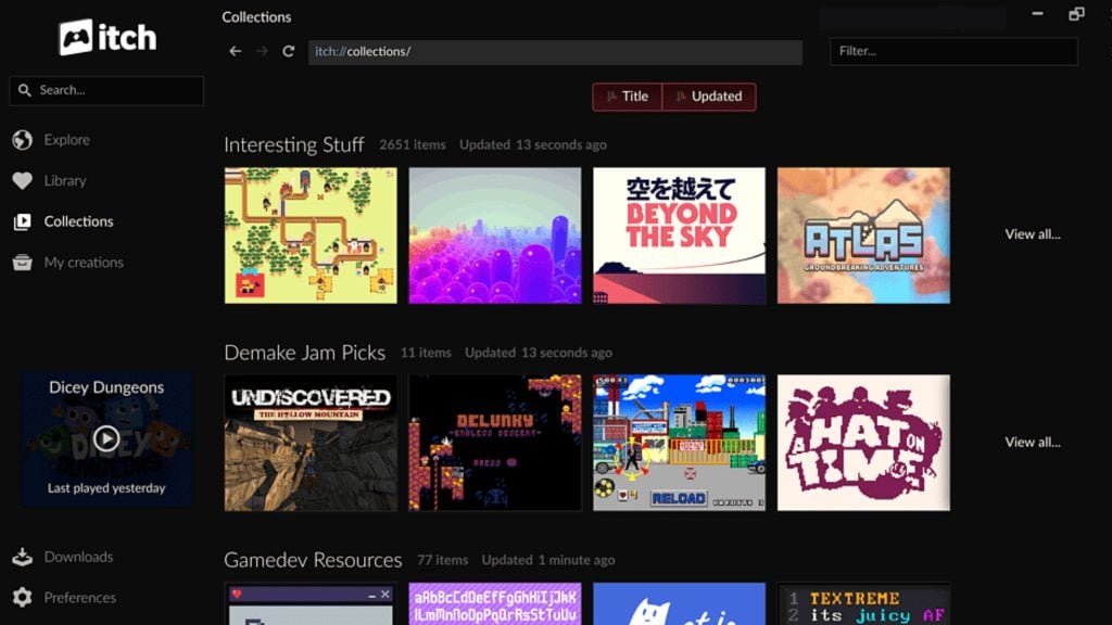 Screenshot of an Itch.io collections page showing categories like "Interesting Stuff," "Demake Jam Picks," and "Gamedev Resources" with thumbnail images of various games.