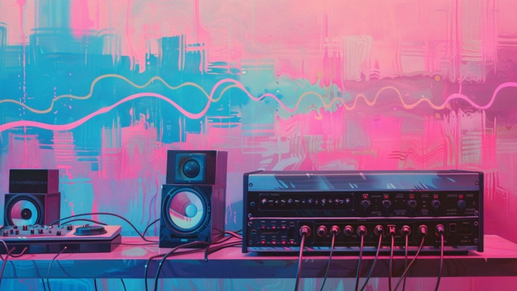 Audio equipment and speakers on a table with a colorful abstract pink and blue background.