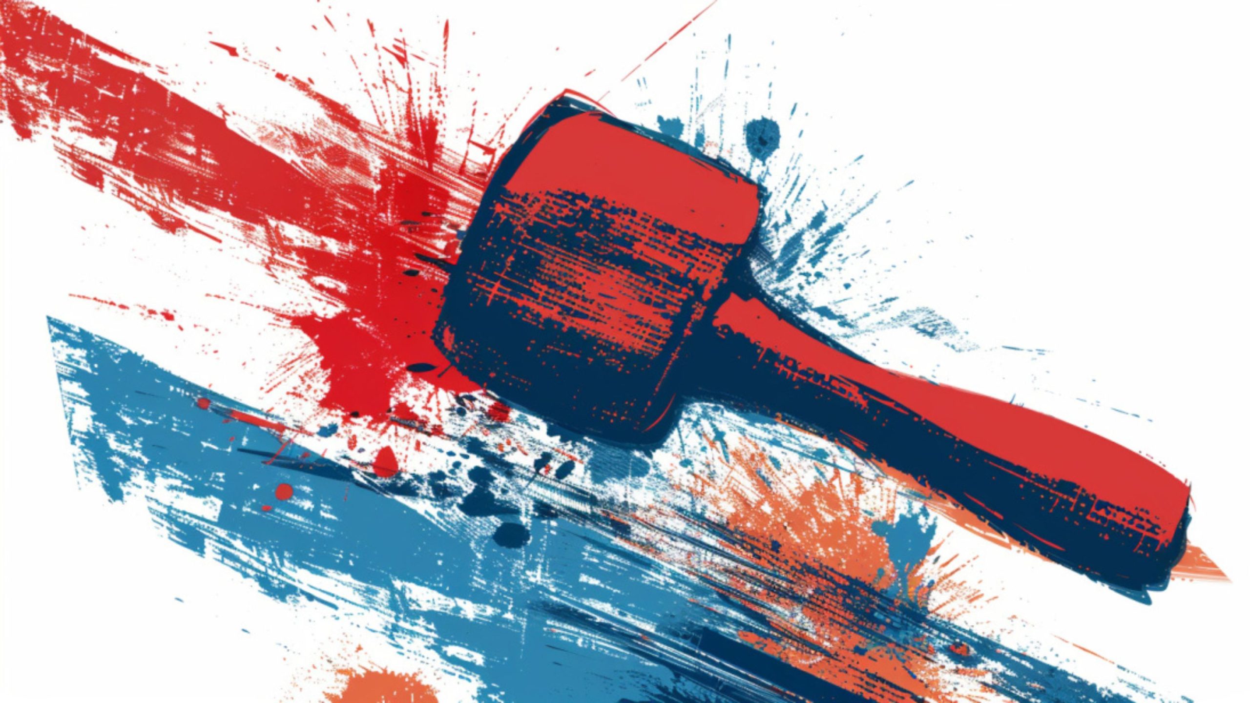 Abstract illustration of a red stamp with paint splashes in red, blue, and orange on a white background.