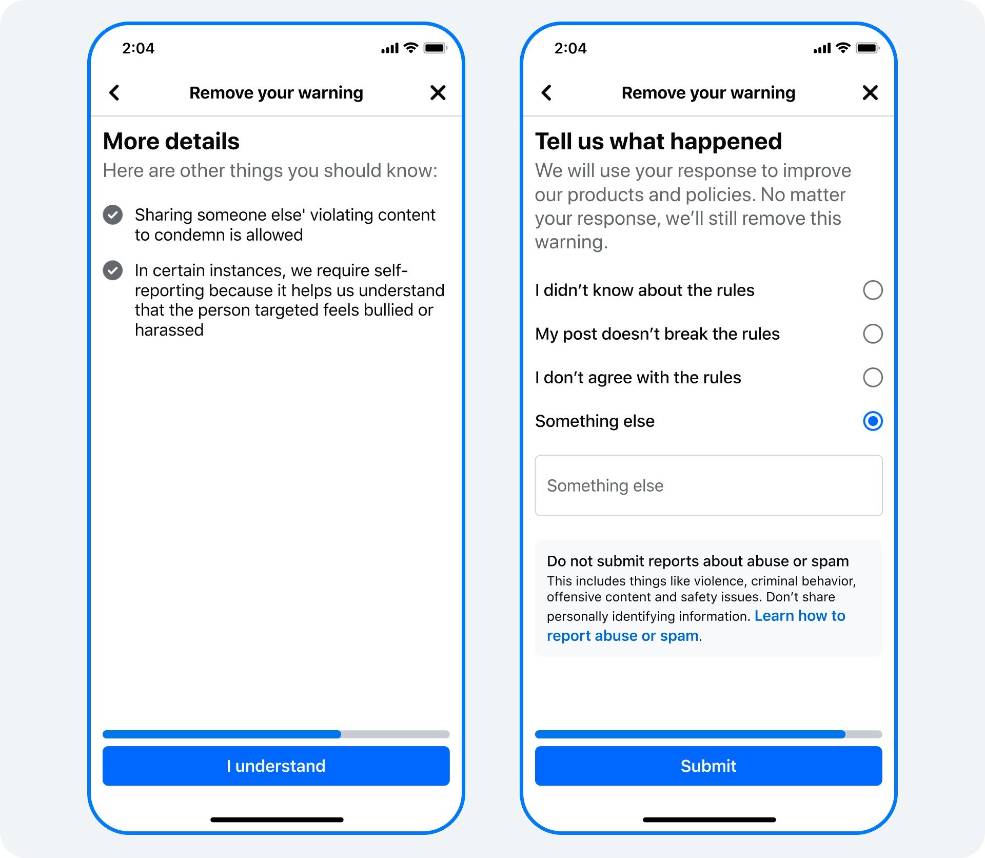 Two smartphone screens showing forms for removing warnings, with options to select reasons and submit feedback.