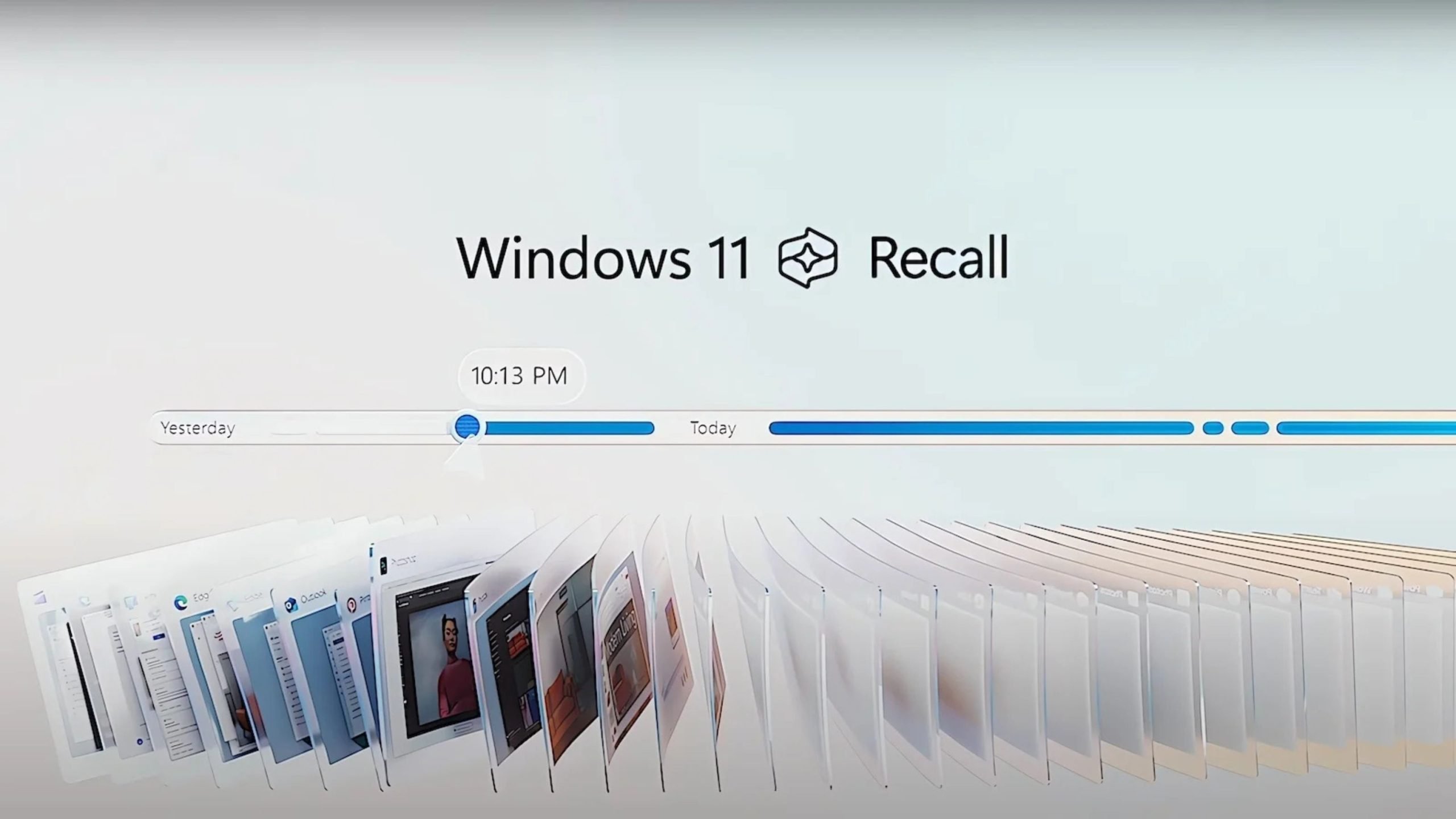 A Windows 11 Recall interface showing a timeline with a slider at 10:13 PM and a fan of document previews below.