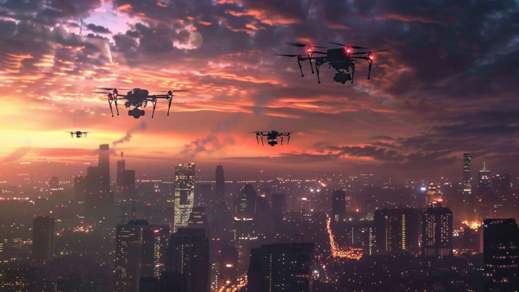 Drones flying over a city skyline at sunset with a dramatic sky.