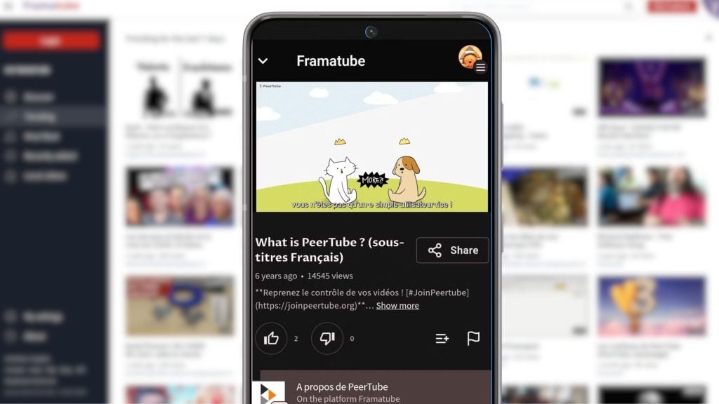 Smartphone displaying a PeerTube interface with a video titled "What is PeerTube?" (with French subtitles) showing 14,545 views.