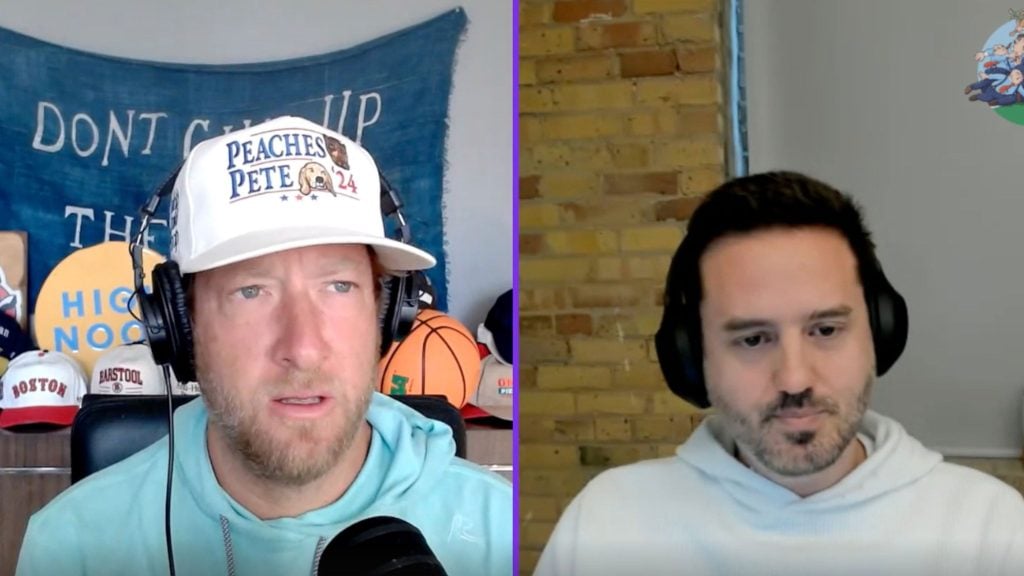 Portnoy and Pavlovski wearing headphones during a video call, one in a white cap with "PEACHES PETE" text, and the other with a neutral background.