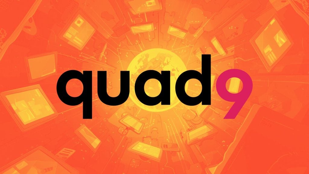 Graphic with the text "quad9" in bold, black and red letters, over a vibrant orange background with digital screens surrounding a glowing globe.