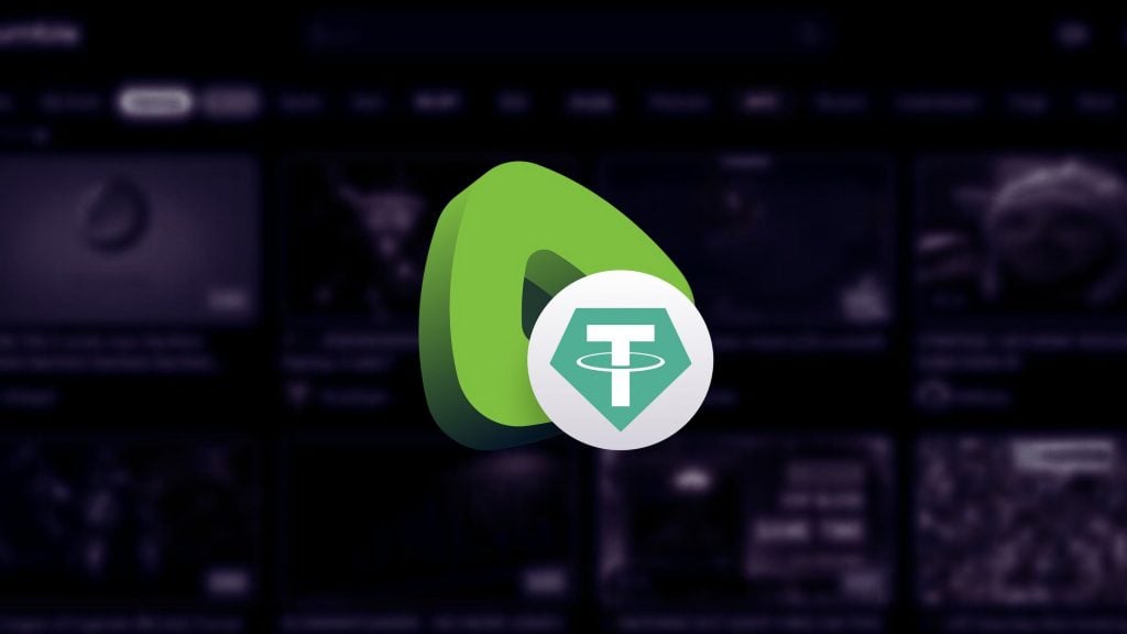 A green and white Tether (USDT) logo on a dark blurred background.