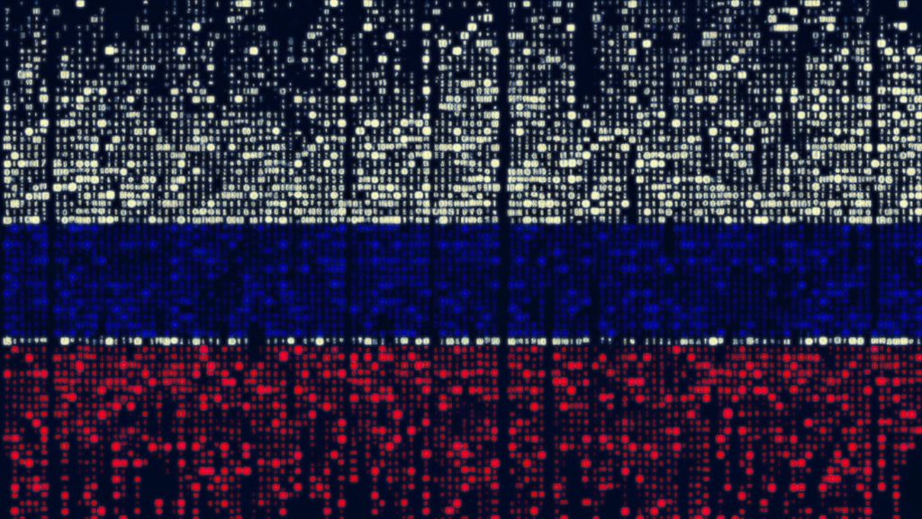 Digital illustration of the Russian flag made from binary code and pixelated dots.