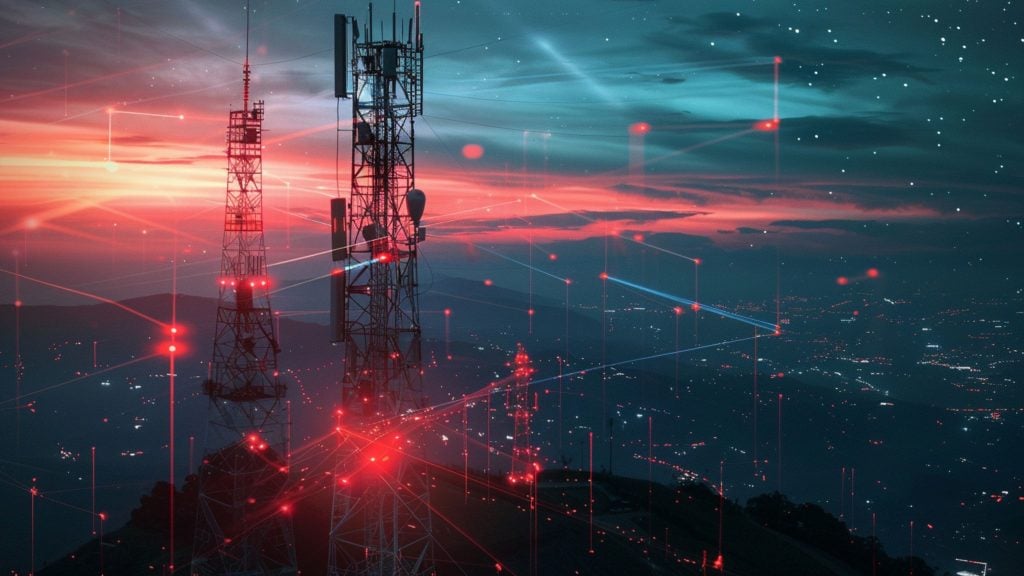 Cell towers on a hill with a digital network overlay at sunset.