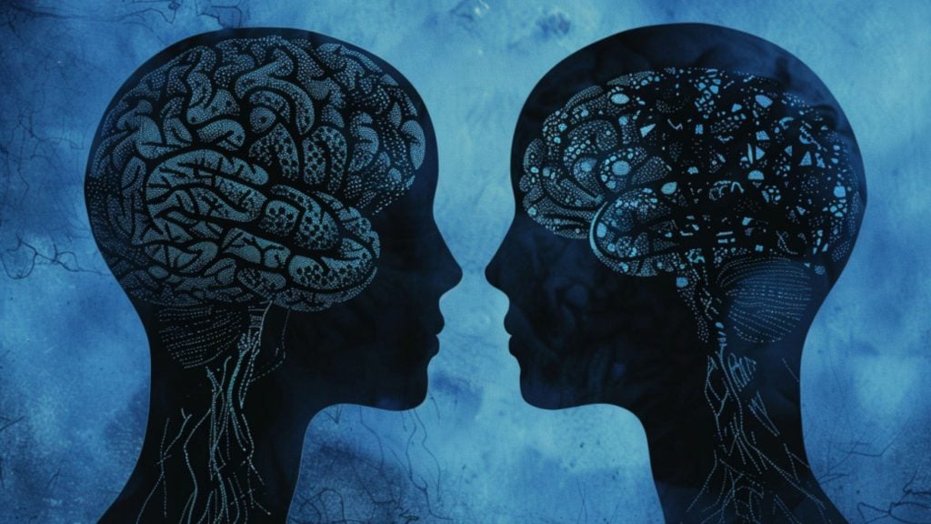 Silhouettes of two human heads facing each other with detailed brain illustrations inside, set against a blue background.