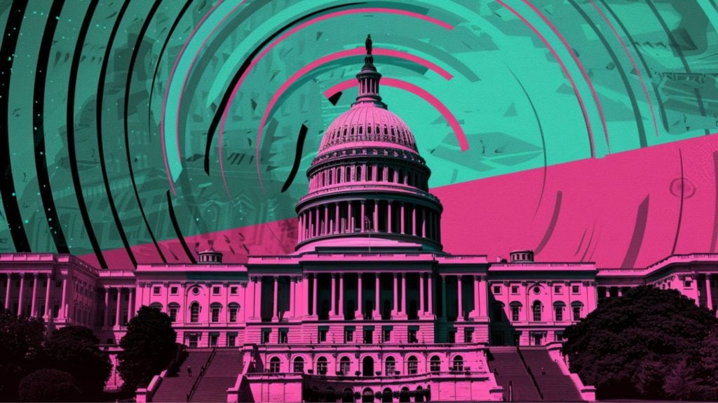 Stylized illustration of the U.S. Capitol Building with abstract pink and teal patterns in the background.