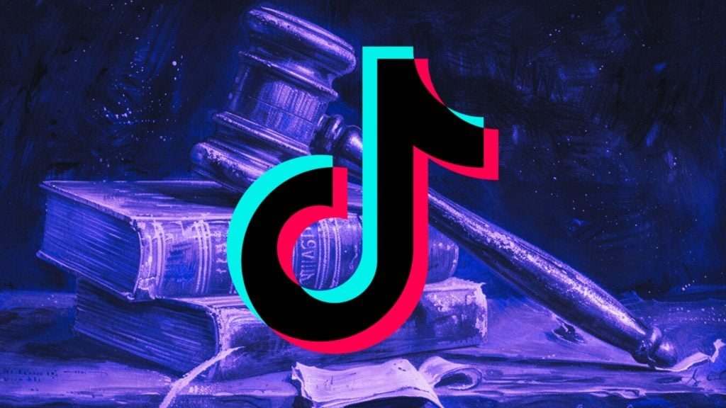 TikTok logo overlaid on an illustration of law books and a gavel.