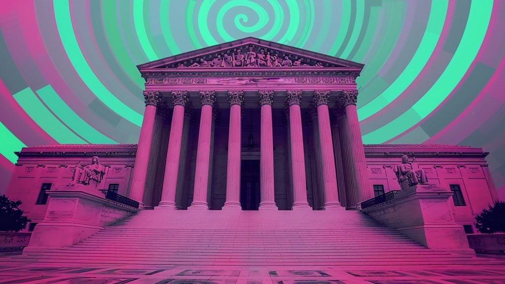 Neoclassical building with tall columns and statues, overlaid with pink and green spiral patterns.