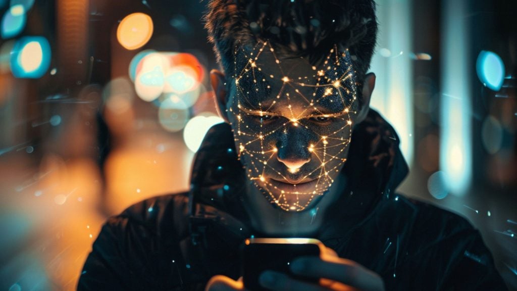 A person looking at a smartphone with digital facial projections illuminated in a dark, blurry urban setting.