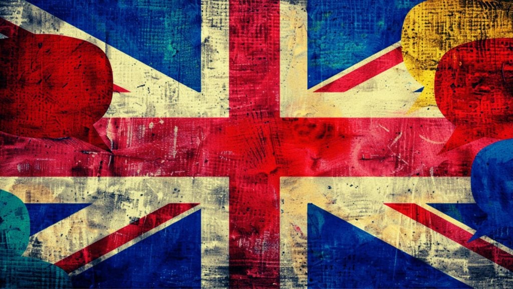 Weathered Union Jack flag with colorful speech bubbles.