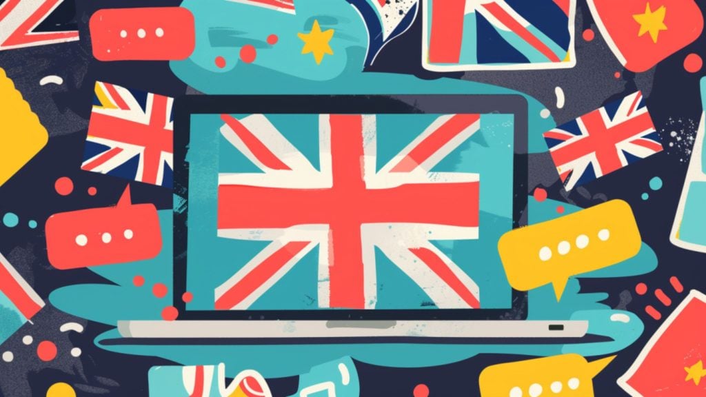 Illustration of a laptop displaying the Union Jack amidst various British flags and colorful speech bubbles.