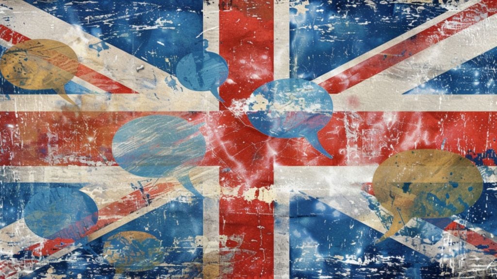 Grunge-style Union Jack flag with colorful speech bubbles overlay.