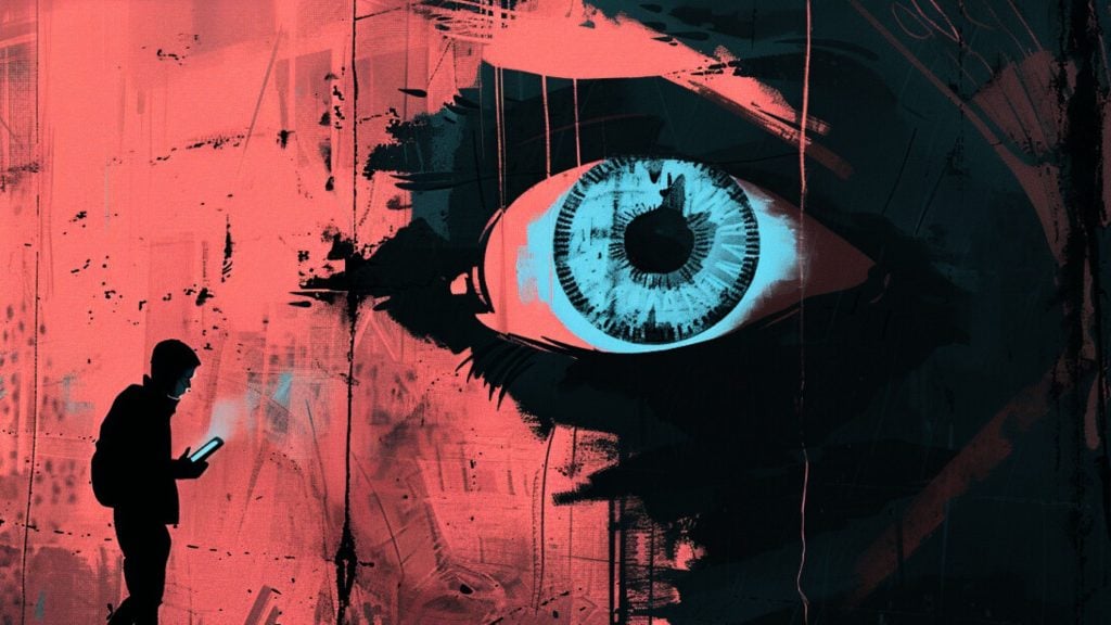 Silhouette of a person holding a phone in front of a large painted eye on a red, textured background.