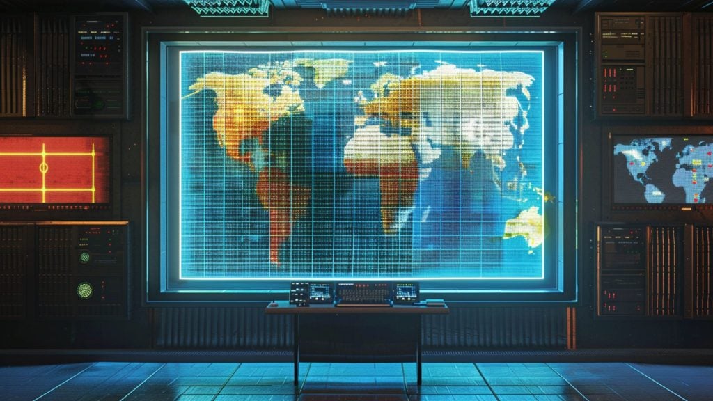 Futuristic control room with a large illuminated world map display and various digital panels.