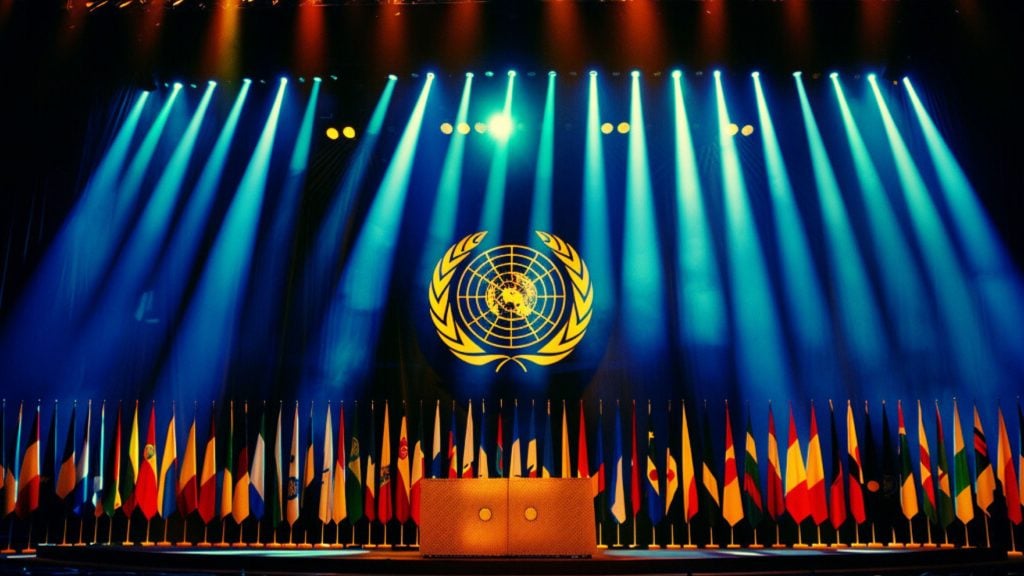 Stage with United Nations emblem, colorful flags, and dramatic blue lighting.