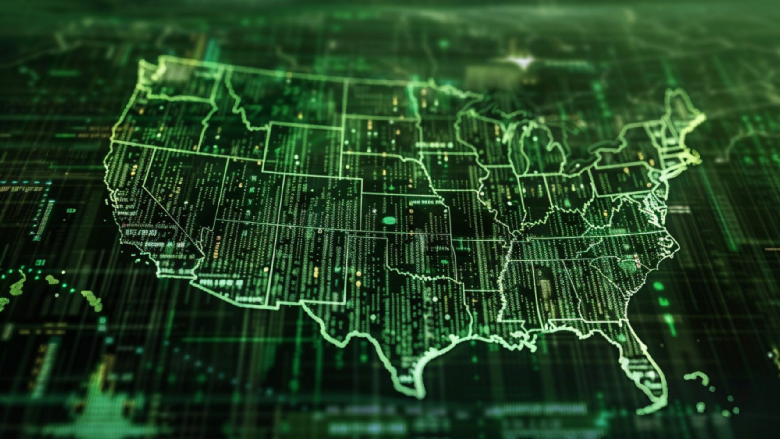 Glowing digital map of the USA with data streams and green lines.