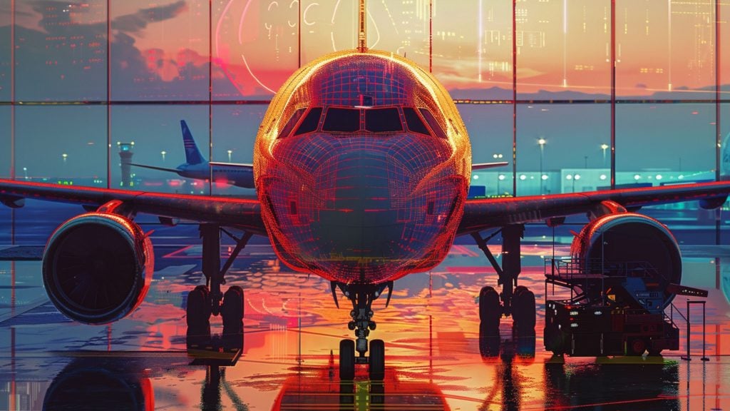 A futuristic airplane at an airport gate during sunset, with a digital overlay and reflections on a wet surface.