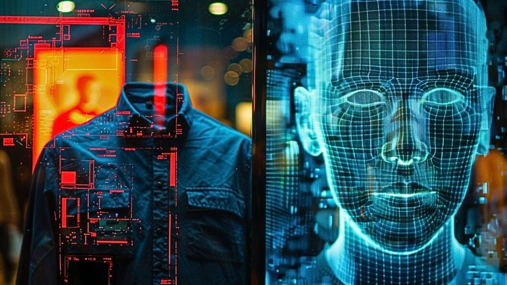 A digital image split in two: on the left, a jacket overlaid with red schematics; on the right, a digital grid forming a human face.